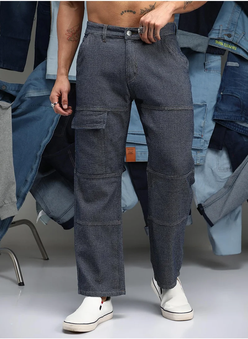 Campus Sutra Men's Navy Blue Panelled Straight-Fit Denim Jeans
