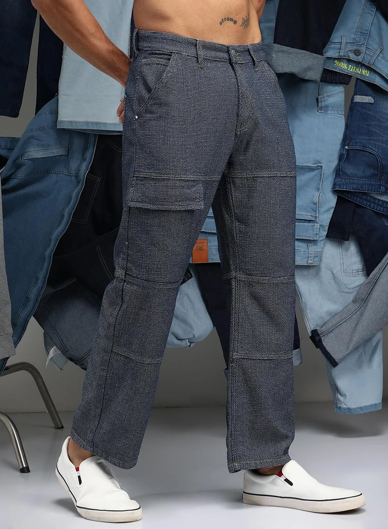كامبوس سوترا Men's Navy Blue Panelled Straight-Fit Denim Jeans