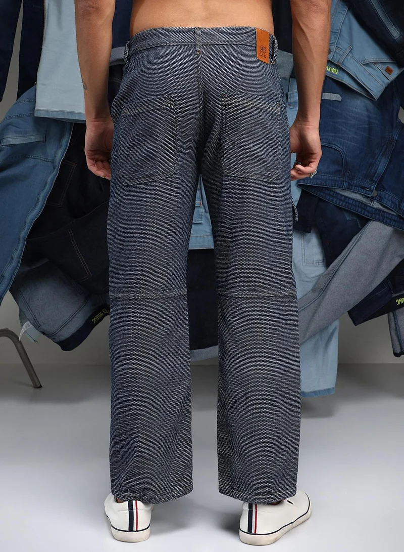 كامبوس سوترا Men's Navy Blue Panelled Straight-Fit Denim Jeans