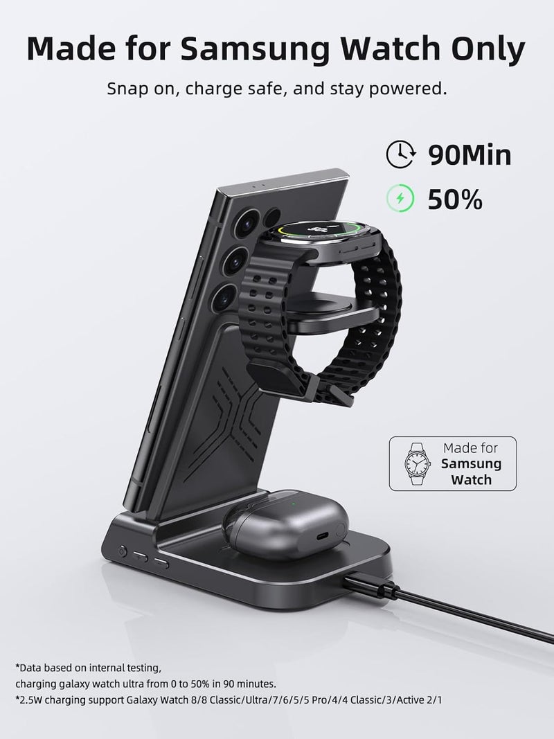 شاحن لاسلكي لسامسونج جالاكسي S25 ألترا ساعة 8/7/ألترا، محطة شحن لاسلكية 3 في 1 لسامسونج S24، محطة شحن لهواتف أندرويد 3 في 1 لـ Z Flip 7 وسماعات جالاكسي بودز 4/3 برو 2 - Image 4