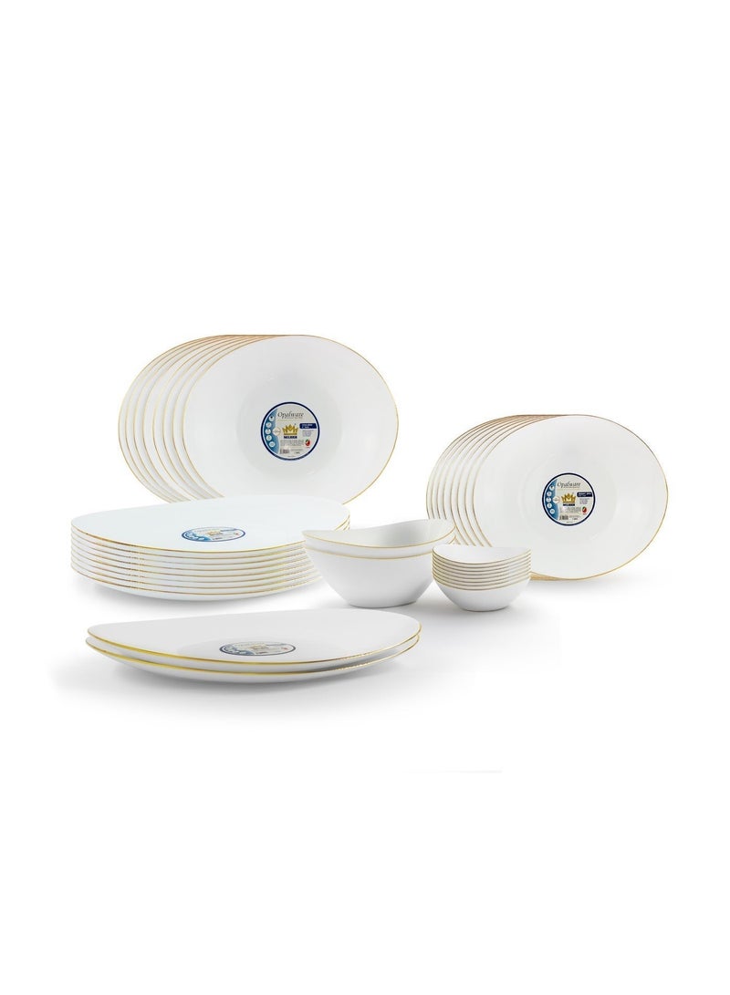 Melrich Dinnerware 36 Pcs Set Gold line Opal Glassware Microwave safe Dishwasher safe Heat Resistance 2 Oval Plate 8 Dinner plate 8 Soup plate 8 Dessert plate 2 Large Bowl 8 Medium Bowl - Image 1