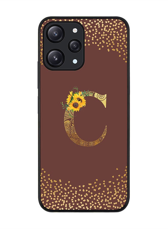 Stylizedd Rugged Black edge case for Xiaomi Redmi 12 4G, Slim fit Soft Case Flexible Rubber Edges Anti Drop TPU Gel Thin Cover -  Custom Monogram Initial Letter Floral Pattern Alphabet - C  (Brown ) - Image 1