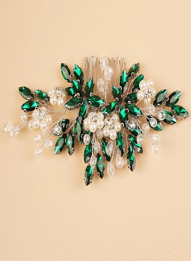 BERYUAN Dark Green Crystal Rhinestone Pearls Hair Comb, Floral Bridal Headpiece with Handmade Hairband for Wedding Women and Girls - Image 3