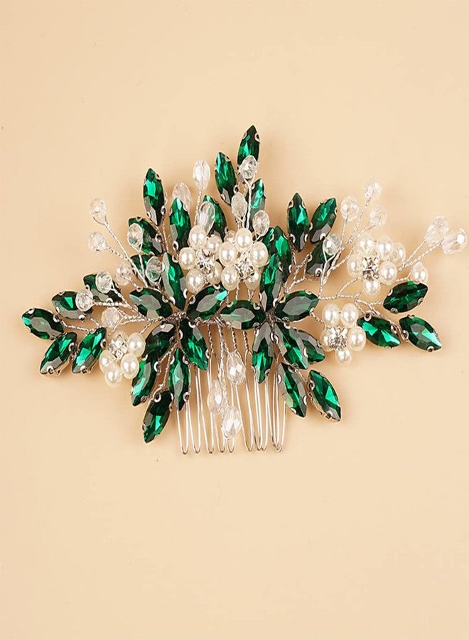 BERYUAN Dark Green Crystal Rhinestone Pearls Hair Comb, Floral Bridal Headpiece with Handmade Hairband for Wedding Women and Girls - Image 1
