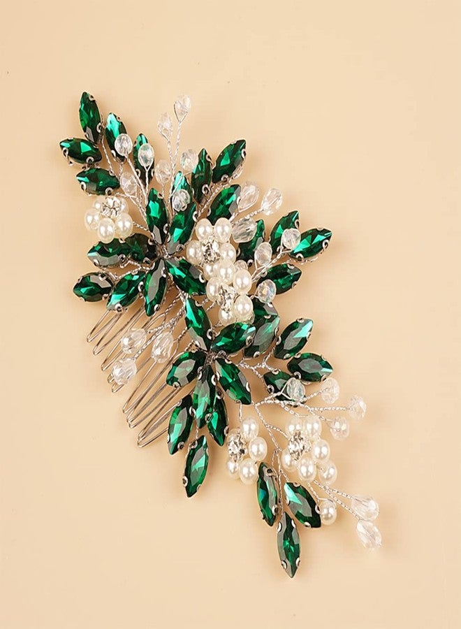 BERYUAN Dark Green Crystal Rhinestone Pearls Hair Comb, Floral Bridal Headpiece with Handmade Hairband for Wedding Women and Girls - Image 4