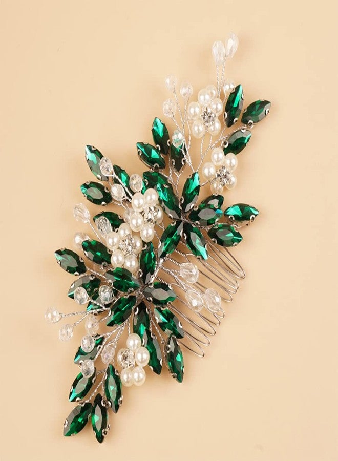 BERYUAN Dark Green Crystal Rhinestone Pearls Hair Comb, Floral Bridal Headpiece with Handmade Hairband for Wedding Women and Girls - Image 2
