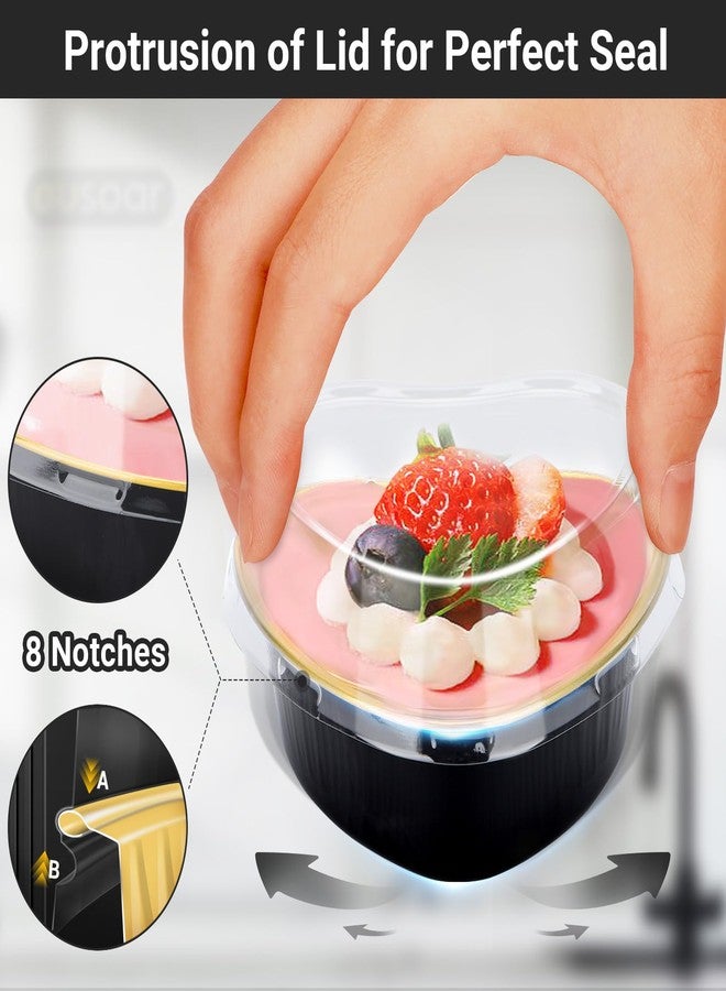 EUSOAR 3.4oz 50pcs Aluminum Foil Heart Shaped Baking Pans Cups with Lids Snacks Desserts Flan Cupcake Pie Ramekin for Wedding Party Favor-Black Gold - Image 4