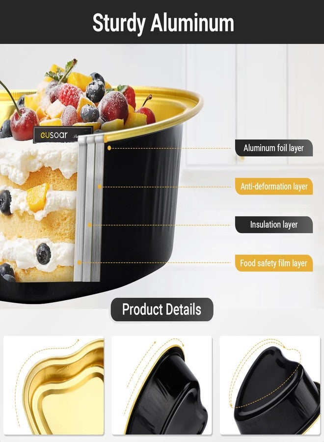 EUSOAR 3.4oz 50pcs Aluminum Foil Heart Shaped Baking Pans Cups with Lids Snacks Desserts Flan Cupcake Pie Ramekin for Wedding Party Favor-Black Gold - Image 3