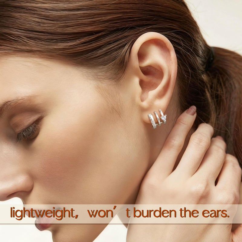 MILACOLATO S925 Sterling Silver Earrings Hypoallergenic 14K Gold Plated Triple Hoop Huggie Illusion Stud Earrings for Women Trendy Multi Hoops Claw Earrings for One Hole Lightweight Jewelry Gift SH - Image 2