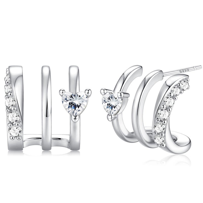 MILACOLATO S925 Sterling Silver Earrings Hypoallergenic 14K Gold Plated Triple Hoop Huggie Illusion Stud Earrings for Women Trendy Multi Hoops Claw Earrings for One Hole Lightweight Jewelry Gift SH - Image 1
