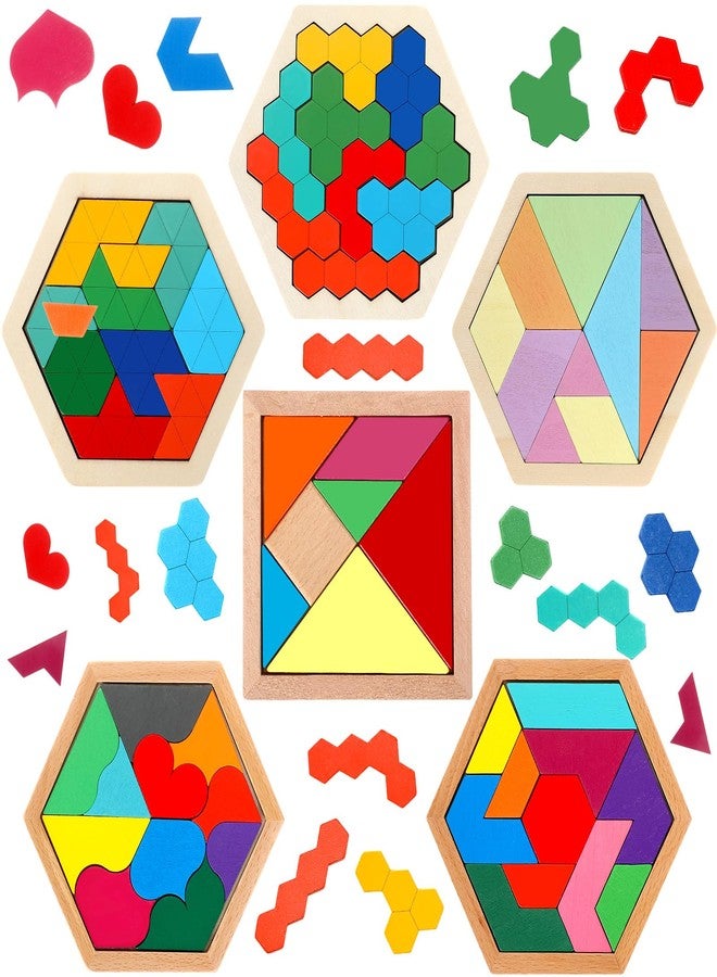 Jerify 6 Pack Wooden Tangrams Puzzles for Kids Wooden Hexagon Puzzle Block Geometric Brain Teaser Jigsaw Block 3D Logic Iq Game Stem Toy Educational Gift for Adults Challenge - Image 1