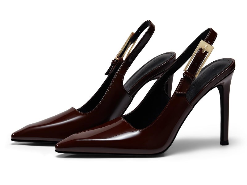 Coutgo Women's Slingback High Heels Pointed Toe Stilettos Metal Buckle Dress Party Pump Shoes, Red Brown, Size 8.5 - Image 1