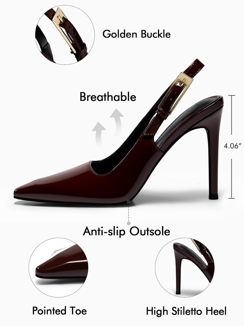 Coutgo Women's Slingback High Heels Pointed Toe Stilettos Metal Buckle Dress Party Pump Shoes, Red Brown, Size 8.5 - Image 5