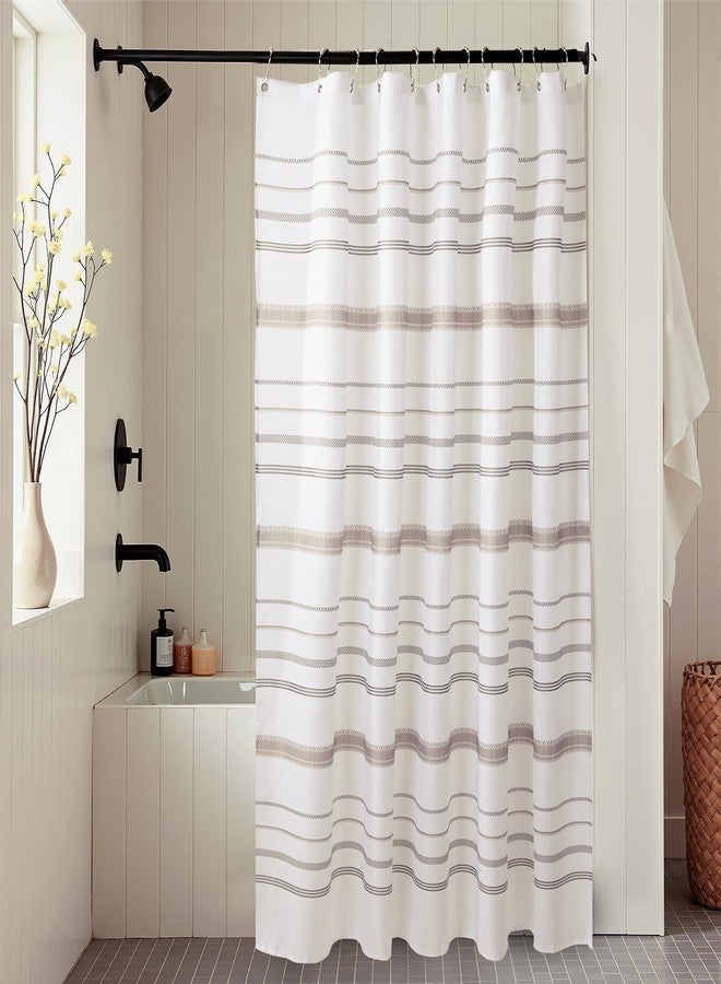 Treory Artistic Shower Curtain Set: White Horizontal Stripes Shower Curtain, Woven Inspired Waterproof Fabric, Modern Bohemian Bathtub Bathroom Decorations Home Décor with Hooks, 72" x 72" - Image 1