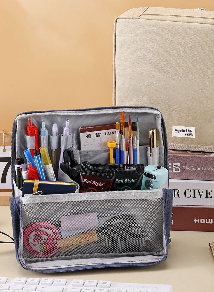 Large Capacity Fabric Student Pencil Case Standing Desk Stationery Bag For Girl And Boys Multi-pocket Divide Women Makeup Brush Storage Bag With Handle Travel Waterproof Toilet Wash Bag - Image 2