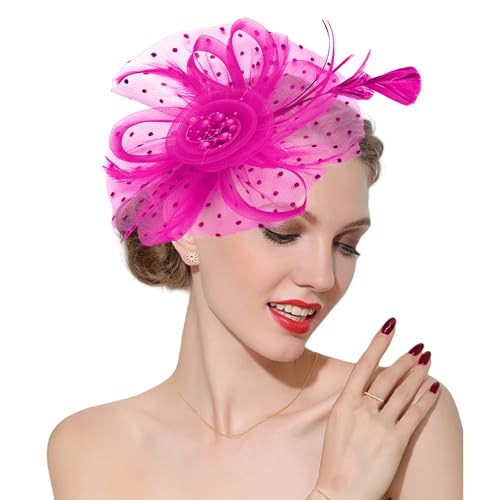 KICOFIT Fascinators 20s 50s Hat Pillbox Hat Cocktail Tea Party Headwear with Veil for Girls and Women (One Size, A-Rose red) - Image 1