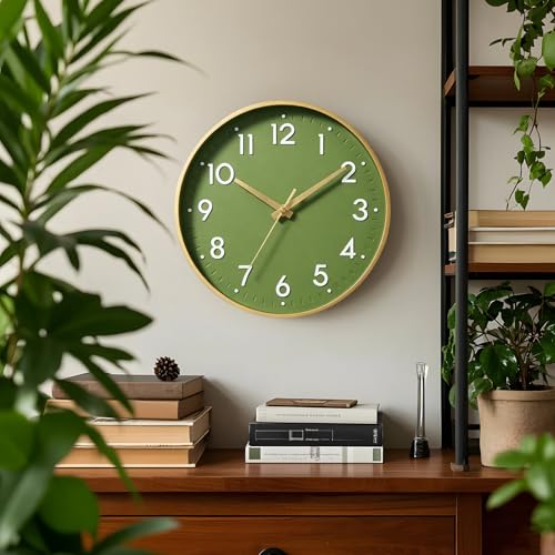 Mosewa Wall Clock 14 Inch Battery Operated NonTicking Modern Analog Clock Decorative for Kitchen Bedroom Office HomeOlive Green and Gold - Image 3