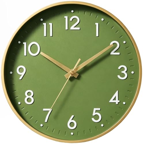 Mosewa Wall Clock 14 Inch Battery Operated NonTicking Modern Analog Clock Decorative for Kitchen Bedroom Office HomeOlive Green and Gold - Image 1