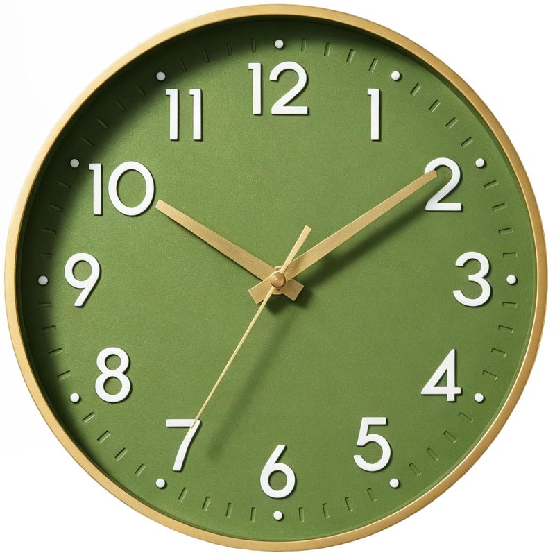 Mosewa Wall Clock 14 Inch Battery Operated NonTicking Modern Analog Clock Decorative for Kitchen Bedroom Office HomeOlive Green and Gold - Image 2