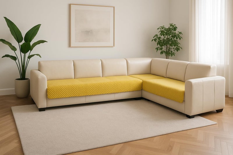 KINGLY Velvet Quilted L-Shape 7 Seater (4+3) Universal Sofa Protector – Premium Non-Slip Fit, Machine Washable Couch Mat for L-Shaped Sofa Set in Living Room (Yellow Lemon, 2pc Set – 23x27 & 90x27) - Image 1