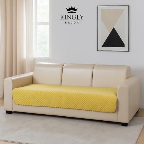 KINGLY Velvet Quilted L-Shape 7 Seater (4+3) Universal Sofa Protector – Premium Non-Slip Fit, Machine Washable Couch Mat for L-Shaped Sofa Set in Living Room (Yellow Lemon, 2pc Set – 23x27 & 90x27) - Image 3