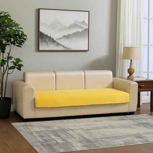 KINGLY Velvet Quilted L-Shape 7 Seater (4+3) Universal Sofa Protector – Premium Non-Slip Fit, Machine Washable Couch Mat for L-Shaped Sofa Set in Living Room (Yellow Lemon, 2pc Set – 23x27 & 90x27) - Image 2
