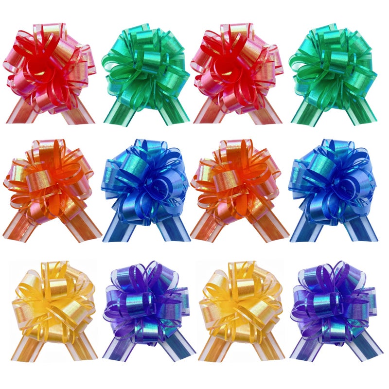 BXCMYDR 12PCS Rainbow Pull Bows for Gift Wrapping, 6 Inches Large Gift Bow, Laser Aurora Ribbon Decoration for Flower Bouquets and Basket, Colorful Bows for Birthday Presents, Anniversary (Rainbow 6 Color) - Image 1