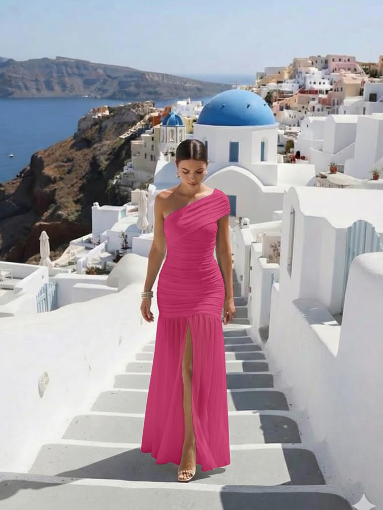 LAGSHIAN Women's Elegant Formal Long Dress One Shoulder Sleeveless Ruched Bodycon Evening Dress Rose - Image 3