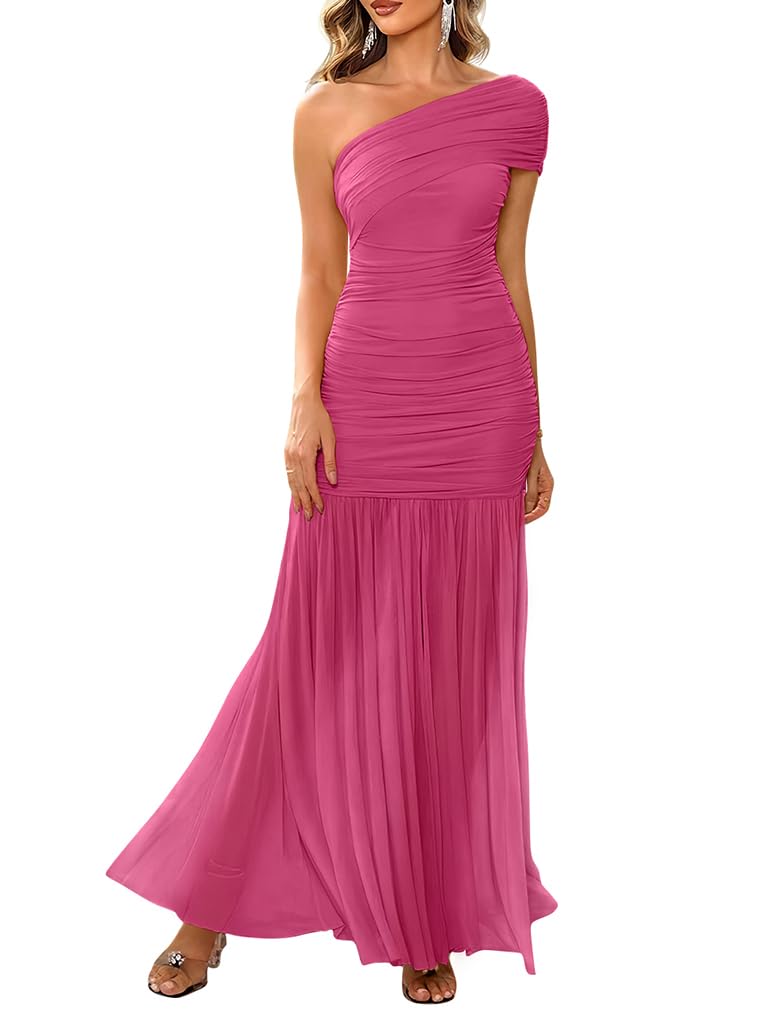 LAGSHIAN Women's Elegant Formal Long Dress One Shoulder Sleeveless Ruched Bodycon Evening Dress Rose - Image 1