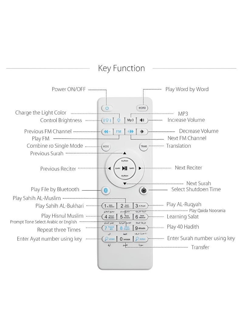 ELTRAZONE Portable Touch Lamp Quran Speaker White – Bluetooth Digital Quran Player with LED Touch Control, 18 Famous Reciters, 14 Language Translations, Tafseer, MP3 Playback, APP + Remote Control, Word-by-Word Learning, Rechargeable Wireless Islamic Speaker  - Image 4
