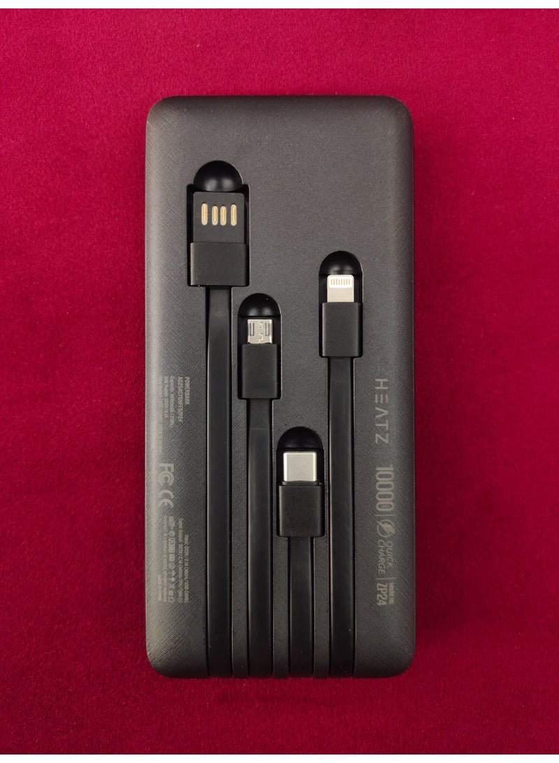 هيتز باور بانك هيتز ZP24 سعة 10000 مللي أمبير/ساعة | كابلات مدمجة 4 في 1، USB Lightning Micro Type C | شاحن محمول سريع الشحن | باور بانك رفيع لأجهزة iPhone وSamsung وجميع الأجهزة - Image 3