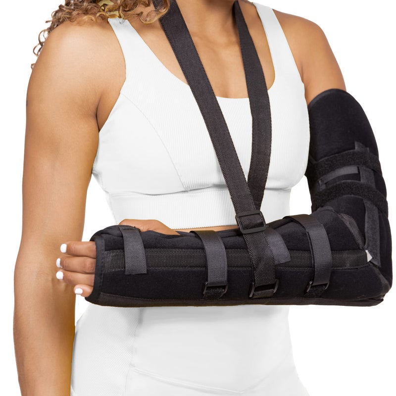 BraceAbility Posterior Long Arm Splint Elbow Immobilizer Right or Left Forearm Brace with Sling for Fractures PostSurgery Recovery Tendonitis Bursitis and Ulnar Nerve Entrapment Relief M