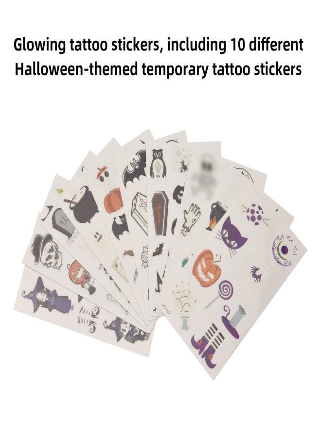 ملصقات وشم مؤقتة مضيئة للأطفال، 10 أوراق، تتوهج في الظلام، مثالية لتزيين أكياس هدايا حفلات الأطفال، على شكل جماجم وأشباح وقرع. - Image 2