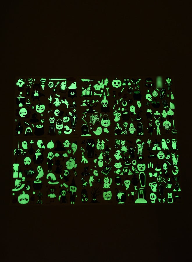 ملصقات وشم مؤقتة مضيئة للأطفال، 10 أوراق، تتوهج في الظلام، مثالية لتزيين أكياس هدايا حفلات الأطفال، على شكل جماجم وأشباح وقرع. - Image 4