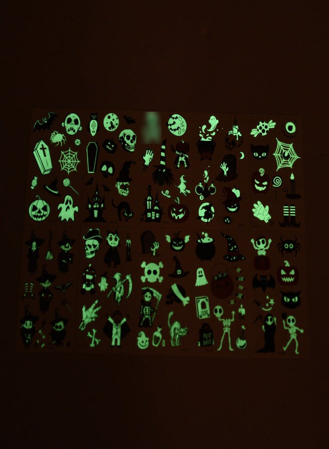 ملصقات وشم مؤقتة مضيئة للأطفال، 10 أوراق، تتوهج في الظلام، مثالية لتزيين أكياس هدايا حفلات الأطفال، على شكل جماجم وأشباح وقرع. - Image 3