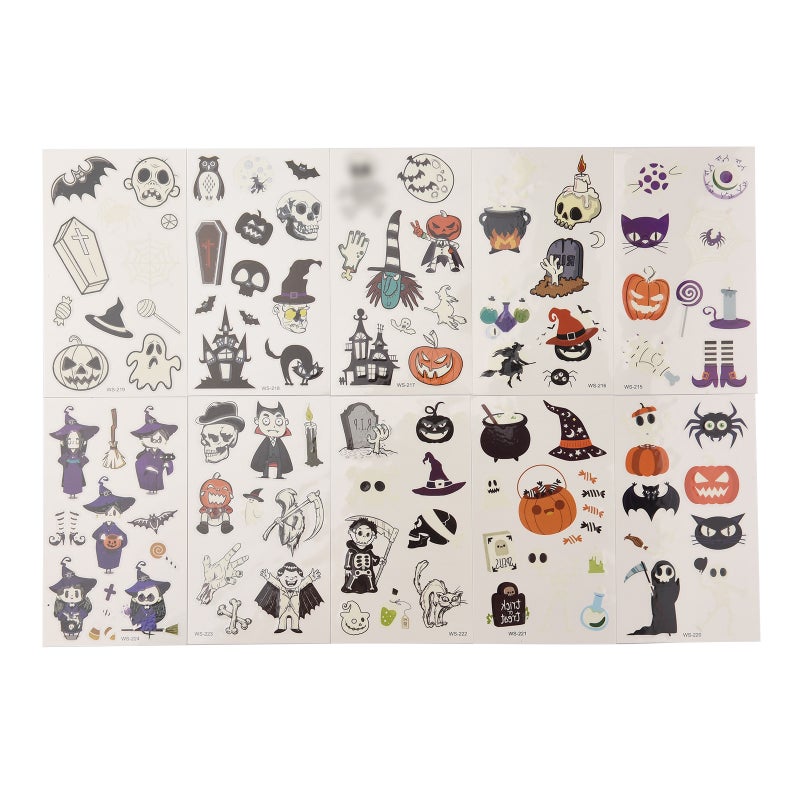 ملصقات وشم مؤقتة مضيئة للأطفال، 10 أوراق، تتوهج في الظلام، مثالية لتزيين أكياس هدايا حفلات الأطفال، على شكل جماجم وأشباح وقرع. - Image 1