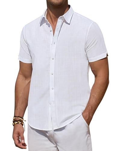 DEMEANOR White Linen Shirts for Men Short Sleeve Button Down Shirts Summer Beach Casual Linen Button Up Shirt Vacation - Image 1