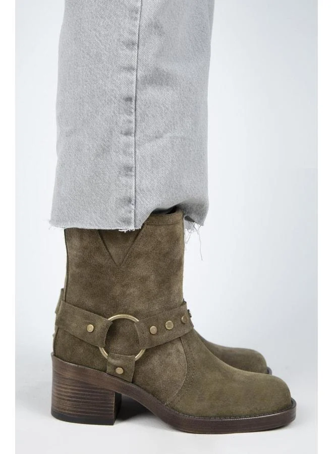 (Lukka) Women's Real Leather Biker Buckle Khaki Boot.