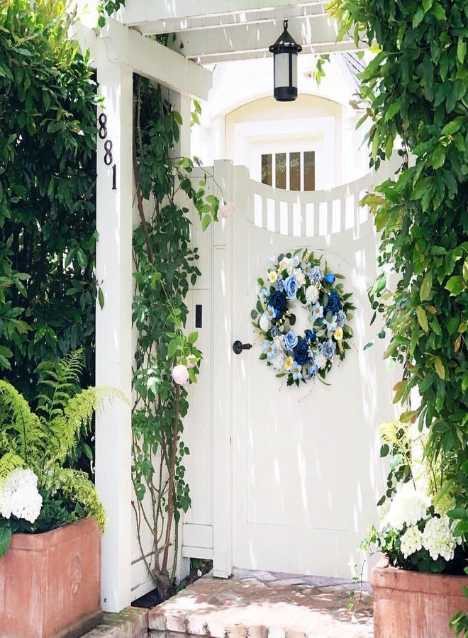 CIR OASES 22 Inch Spring/Summer Floral Wreaths for Front Door,Artificial Decoration Wreath with Rose Dahlia Hydrangea for Home Porch Wall Valentine Wedding Festival Decor(Blue) - Image 5