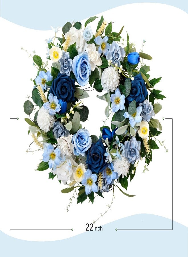 CIR OASES 22 Inch Spring/Summer Floral Wreaths for Front Door,Artificial Decoration Wreath with Rose Dahlia Hydrangea for Home Porch Wall Valentine Wedding Festival Decor(Blue) - Image 3