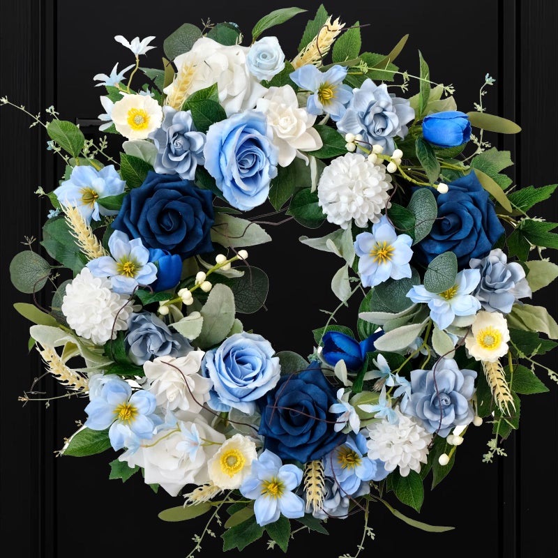 CIR OASES 22 Inch Spring/Summer Floral Wreaths for Front Door,Artificial Decoration Wreath with Rose Dahlia Hydrangea for Home Porch Wall Valentine Wedding Festival Decor(Blue) - Image 1