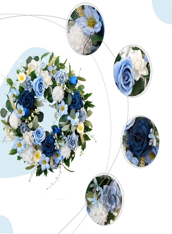 CIR OASES 22 Inch Spring/Summer Floral Wreaths for Front Door,Artificial Decoration Wreath with Rose Dahlia Hydrangea for Home Porch Wall Valentine Wedding Festival Decor(Blue) - Image 2