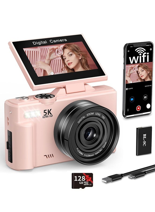 Makrystorm 5K Digital Camera, 75MP Cameras for Photography with WiFi & 64GB TF Card, Autofoucs Vlogging Camera for YouTube with 180° Flip Screen, Vlog Camera Kit for Beginner with 128GB Card - Image 1