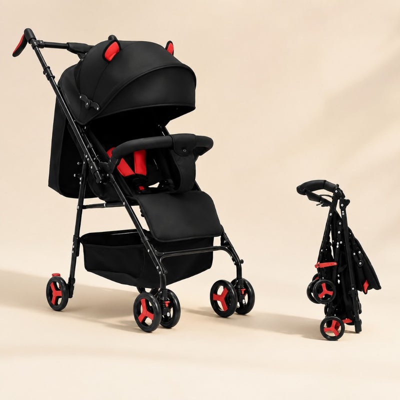 Airplane cabin stroller for travel: ultra-lightweight aluminum frame, black matte finish, compact one-hand fold with multi-position reclining seat - Image 1