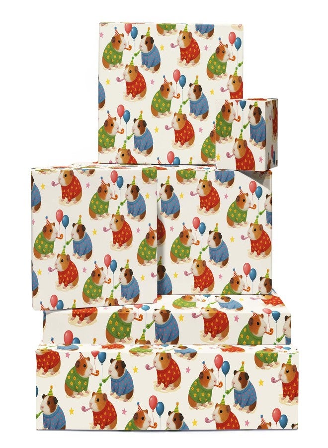 CENTRAL 23 White Guinea Pig Gift Wrap - 6 Sheets with Party Hat Guinea Pigs & Balloons - Birthday Wrapping Paper for Kids, Boys & Girls - Christmas Festivities, Pet Parties - Comes with Tags - Image 1