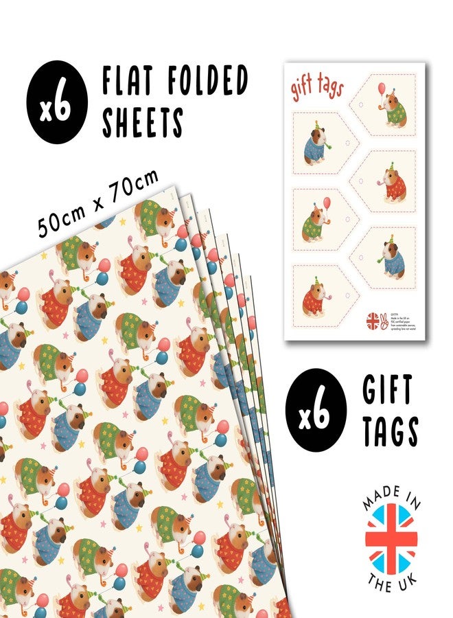 CENTRAL 23 White Guinea Pig Gift Wrap - 6 Sheets with Party Hat Guinea Pigs & Balloons - Birthday Wrapping Paper for Kids, Boys & Girls - Christmas Festivities, Pet Parties - Comes with Tags - Image 2