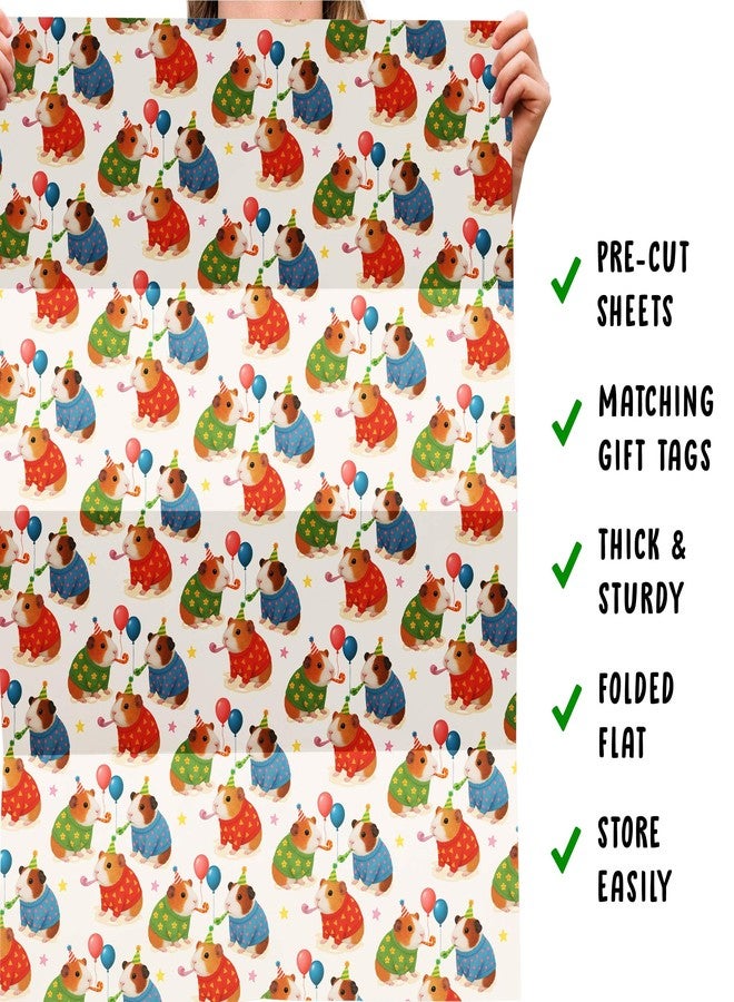 CENTRAL 23 White Guinea Pig Gift Wrap - 6 Sheets with Party Hat Guinea Pigs & Balloons - Birthday Wrapping Paper for Kids, Boys & Girls - Christmas Festivities, Pet Parties - Comes with Tags - Image 5