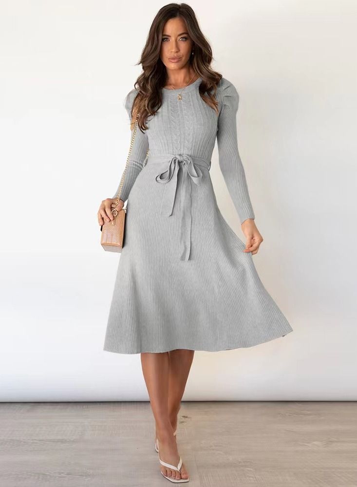 Autumn Winter New Bubble Long Sleeve Long Style High Waist Big Swing Dress - Image 1