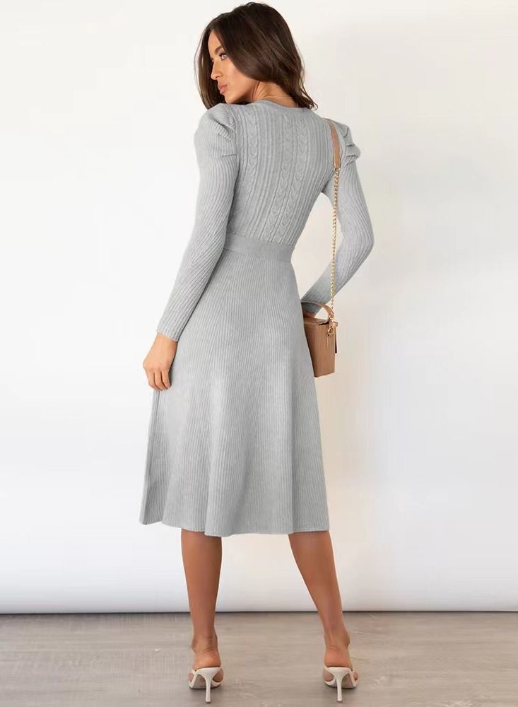 Autumn Winter New Bubble Long Sleeve Long Style High Waist Big Swing Dress - Image 2