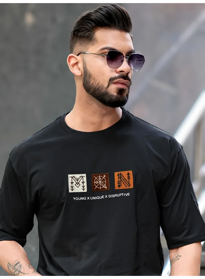 Maniac Mens Printed Round Neck Half Sleeve Black Cotton T-Shirt